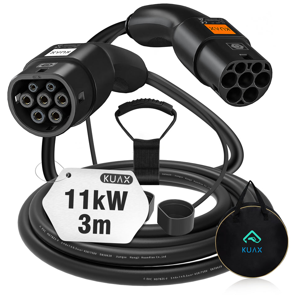 Typ 2 Ladekabel 22KW - KUAX 3 Phasen Ladekabel mit 32A, 3M, 22KW, IP54, IEC-62196-2 geeignet für Model S/3/X/Y | e-Golf/ e-UP/ ID.3 | i3/i8 (Schwarz)