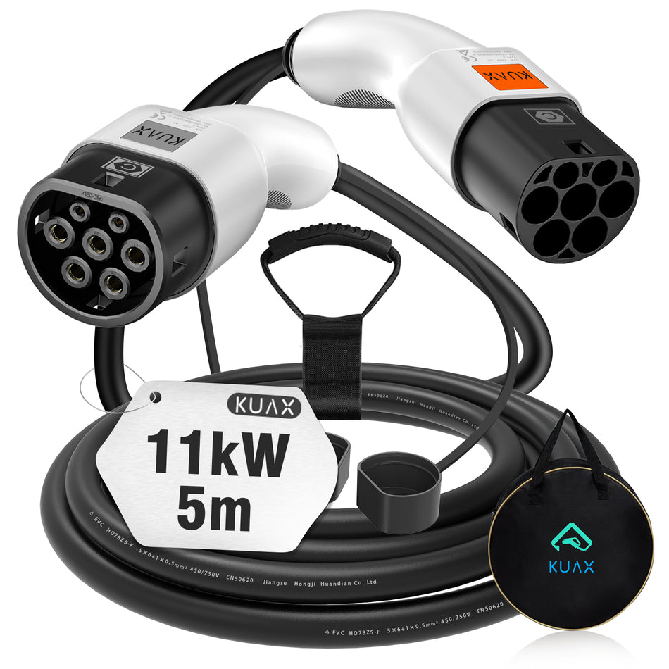 Typ 2 Ladekabel 22KW - KUAX 3 Phasen Ladekabel mit 32A, 5M, 22KW, IP54, IEC-62196-2 geeignet für Model S/3/X/Y | e-Golf/ e-UP/ ID.3 | i3/i8 (Weiß)